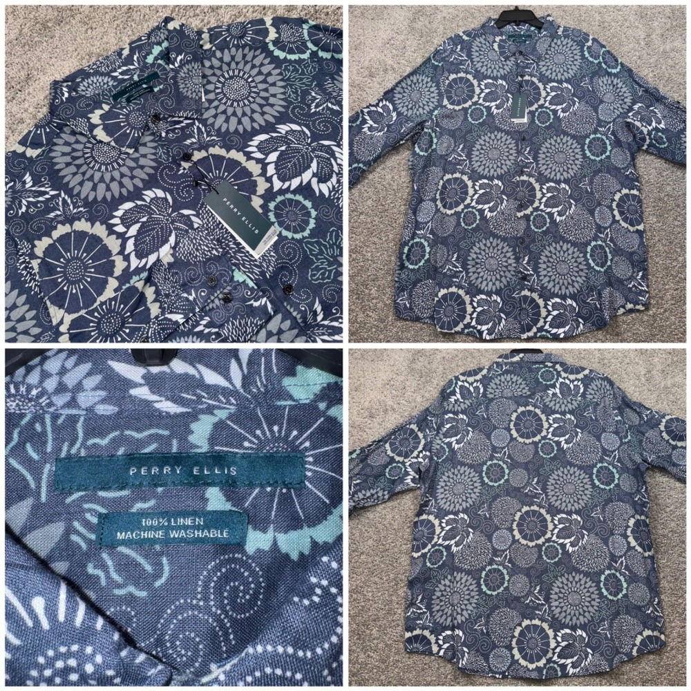Perry Ellis 100% Linen Untucked Shirt Mens 3XL Floral Pattern Medallion Blue NEW